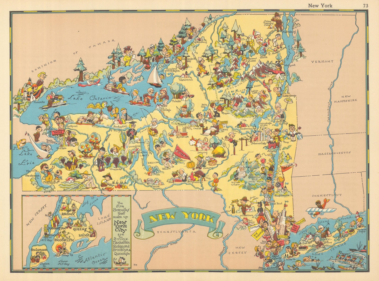 New York. Pictorial state map by Ruth Taylor White 1935 old vintage chart